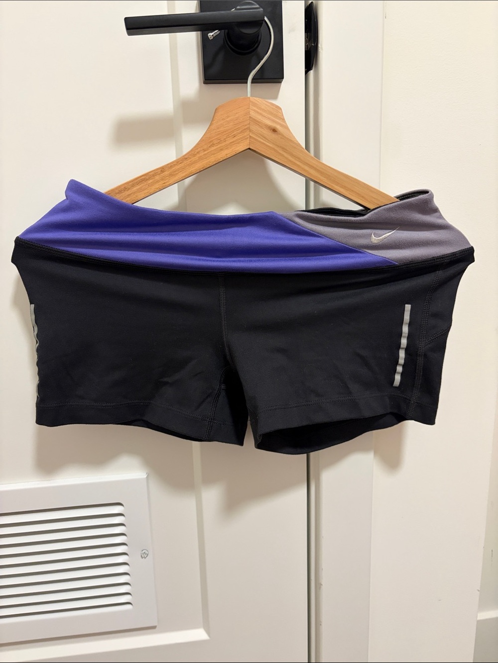 Nike Women's Black Athletic Shorts with Purple and Gray Waistband